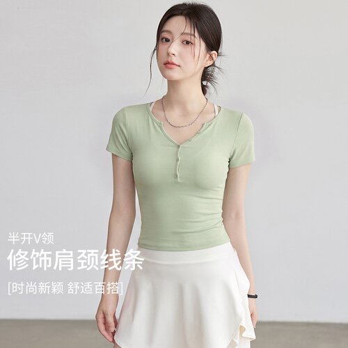 2026夏季新款瑜伽t恤跑步运动普拉提健身纽扣小v领瑜伽服女