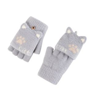 手套女冬季可爱韩版中小学生卡通加绒保暖半指翻盖露指儿童手套