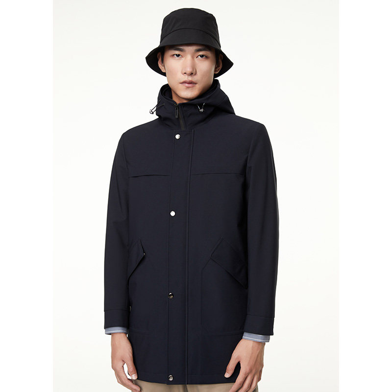 九牧王日式蓝藏蓝修身夹克外套中长带帽风衣防风