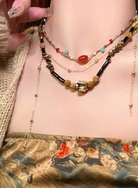 新中式天然玛瑙串珠项链女夏复古民族风汉服国潮风配饰流苏锁骨链