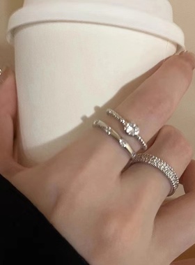 素圈戒指女小众设计感轻奢简约冷淡风不掉色开口可调节三件套指环