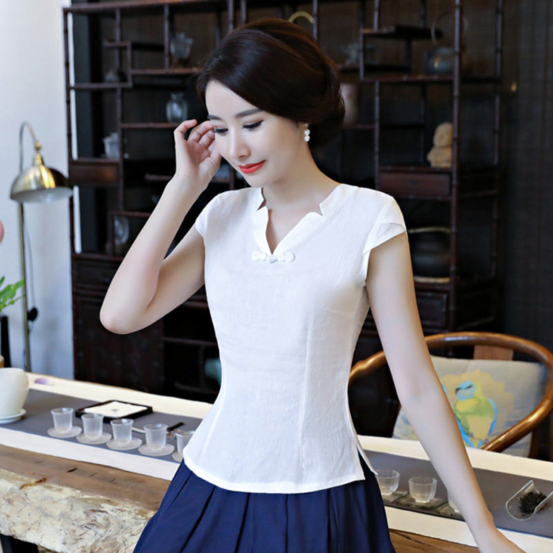 中式复古V领旗袍上衣女春夏改良版短款时尚修身女装棉麻唐装上衣