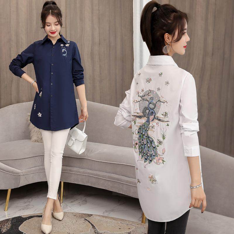 中长款孔雀刺绣翻领衬衫女长袖2020秋季新款打底衬衣棉质早秋上衣在类目 女装/女士精品, 衬衫中 - 来自Buy2taobao.com提供专业的淘宝代购服务