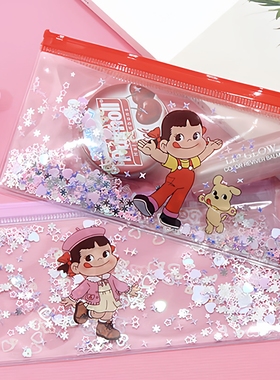 【现货】韩国peko可爱牛奶妹透明流沙笔袋便携文具不二家女孩笔包