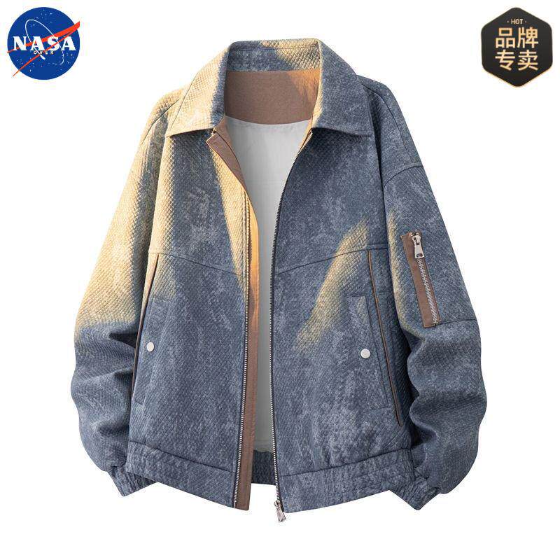 NASA品牌美式提花仿牛仔外套秋冬季百搭宽松大码潮流男士翻领夹克