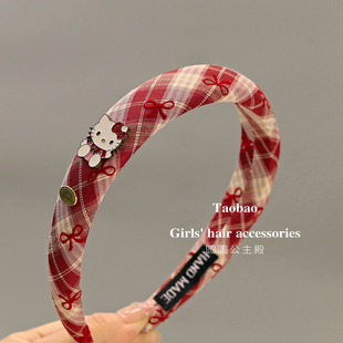 红格纹KT猫儿童发箍小女孩甜美可爱高颅顶头箍丝绒蝴蝶结丸子肠圈