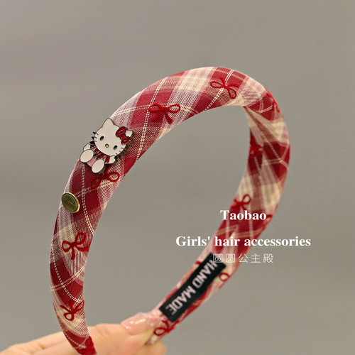 可爱红格纹KT猫儿童发箍高颅顶