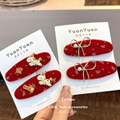 红色新年马上有钱儿童碎发bb夹财神发夹小女孩蝴蝶结水钻侧边发夹