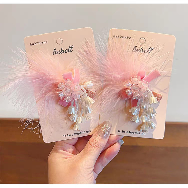 秋冬粉紫羽毛公主蝴蝶结发饰铃兰串珠流苏小女孩发夹仙女国风边夹,童装/婴儿装/亲子装,发饰,淘宝优惠券,粉丝福利购,淘宝优惠卷