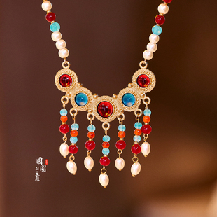 过新年古风璎珞儿童汉服项链马面裙宝宝珍珠项圈女童流苏中式吊坠