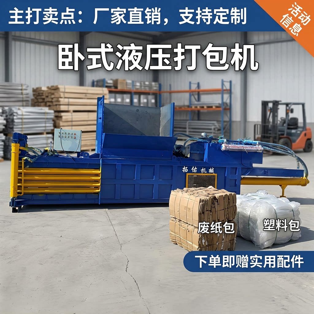 大型卧式废纸箱易拉罐打包机 塑料瓶编织袋压缩机 卧式液压压块机