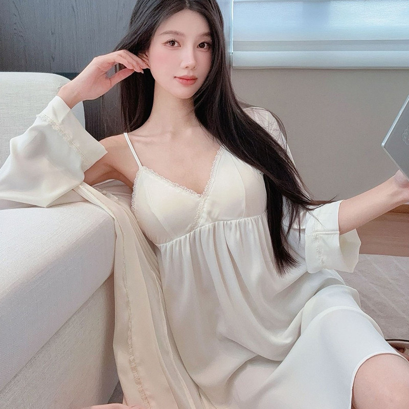 冰丝睡衣女春夏季蕾丝纯欲仙女风中长款睡裙带胸垫睡袍家居服套装