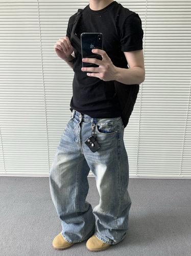 Bugup美式高街cleanfit竹节做旧弯刀牛仔裤男春直筒微喇廓形裤子