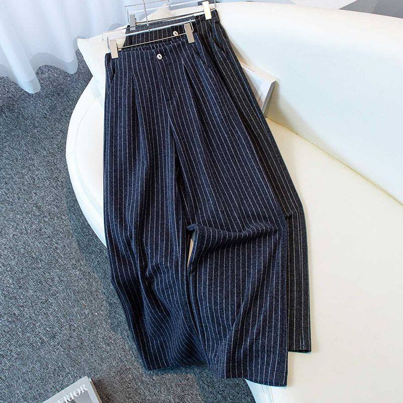 竖条纹毛呢阔腿休闲裤女2025秋冬季新品宽松显瘦百搭呢子直筒裤子