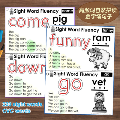 220词sightwords高频词金字塔句子阅读理解儿童英语作业纸训练题