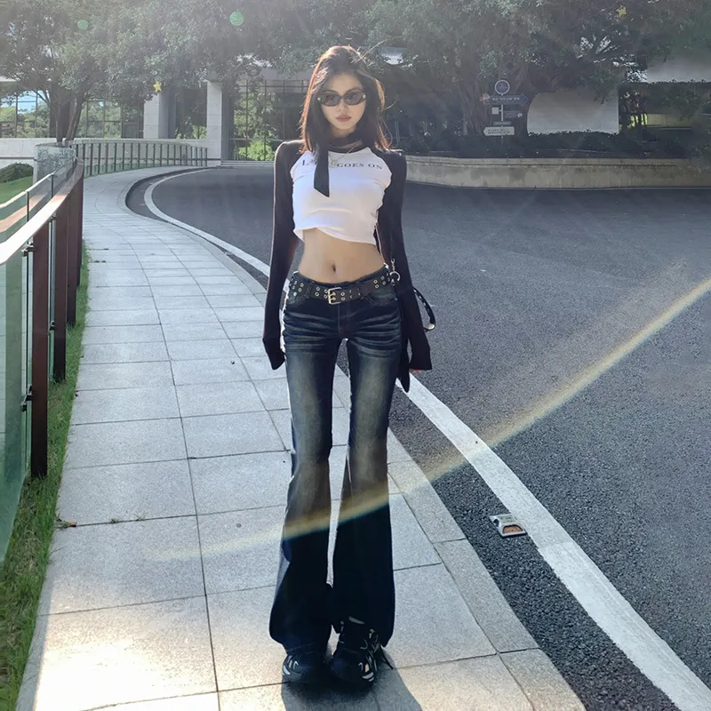 YC 美式怀旧低腰辣妹喇叭裤百搭弹力修身显瘦牛仔裤女 长裤加长