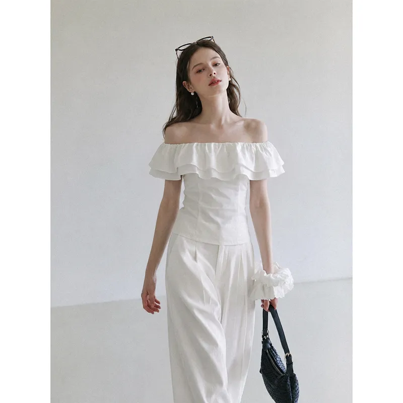 白色荷叶边一字肩露肩短袖T恤女2026夏季设计感修身绝美小衫上衣