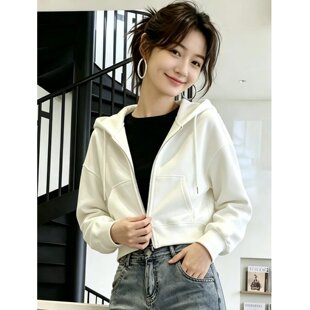 白色通勤风连帽卫衣外套女2026早秋季短款拉链开衫小个子休闲上衣