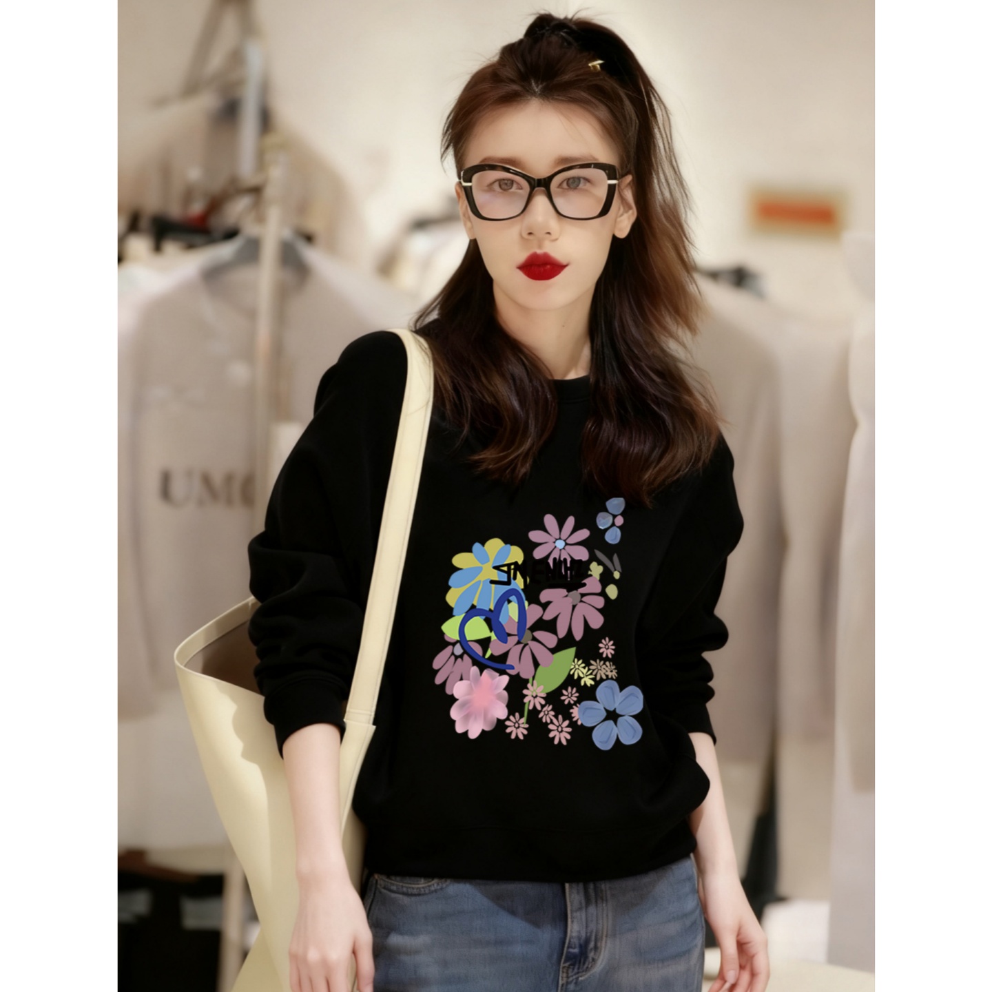 设计感时尚欧货植物花卉印花上衣