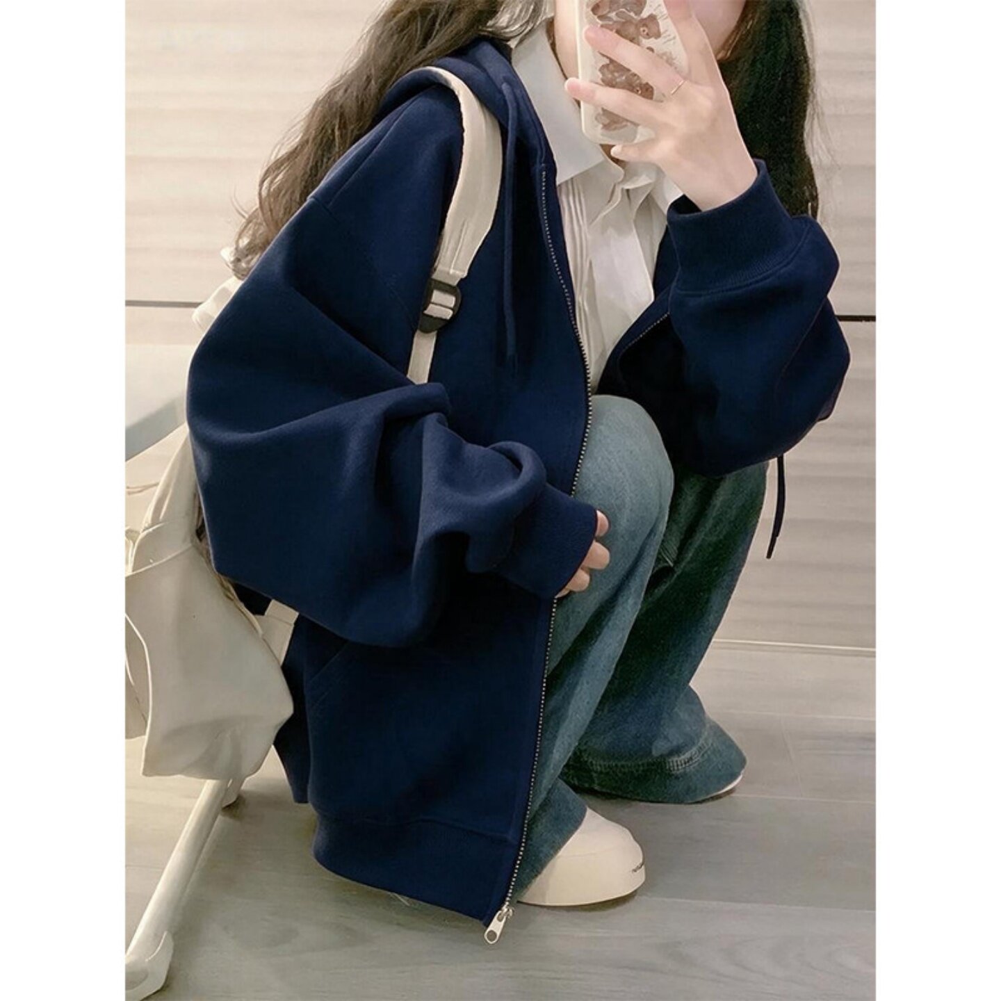 中长款藏蓝色韩版连帽卫衣女2026新款早秋季宽松拉链外套上衣纯色