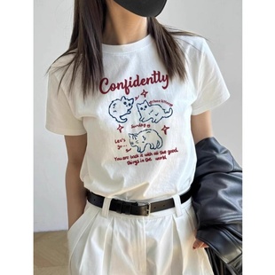个性 创意小猫印花t恤女棉质正肩短袖 2025夏季 宽松白色上衣打底衫