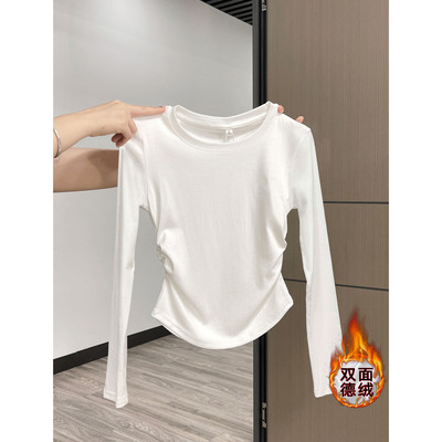 白色褶皱收腰长袖T恤女正肩