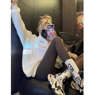 连帽纯白色卫衣女秋冬加绒加厚2025新款保暖宽松高级感遮屁股帽衫