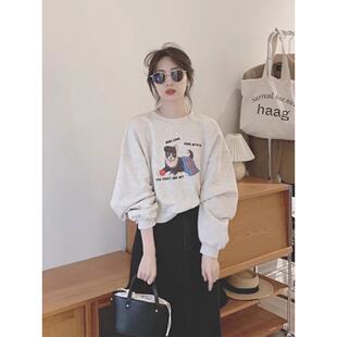 灰色小狗印花圆领卫衣小个子短款秋冬正肩2026新款女爆款无帽上衣