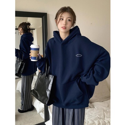 藏蓝色连帽卫衣女秋冬季加绒加厚