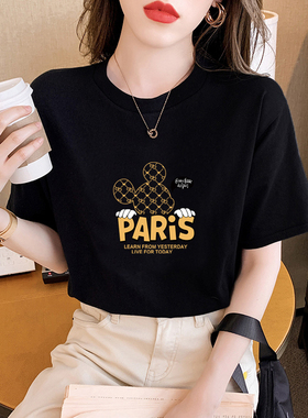 黑色米奇短袖t恤女装夏季2024新款韩版纯棉印花圆领宽松上衣ins潮