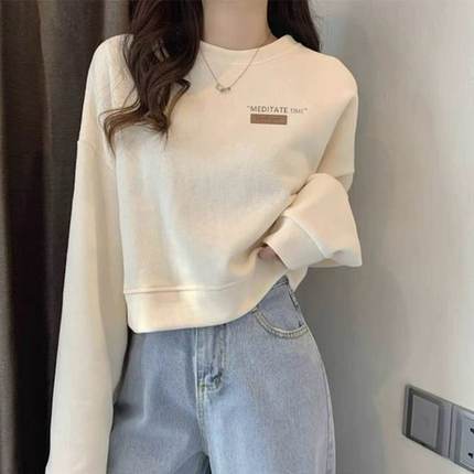 杏色短款小个子圆领卫衣女宽松加绒2025秋冬新款爆款洋气加厚上衣