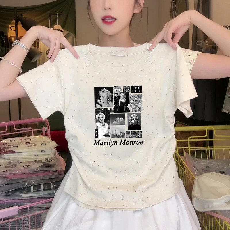 潮流短款小个子t恤女2025新款褶皱修身彩虹波点收腰短袖减龄上衣