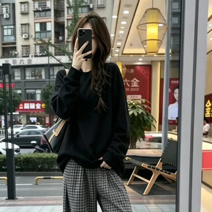 极简风新款韩版圆领套头长袖卫衣女秋冬黑色宽松慵懒显瘦百搭上衣