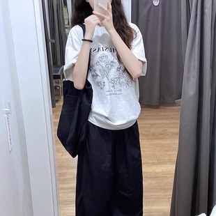 t恤女100%纯棉圆领美式 盐系设计感小众灰色短袖 复古宽松落肩上衣