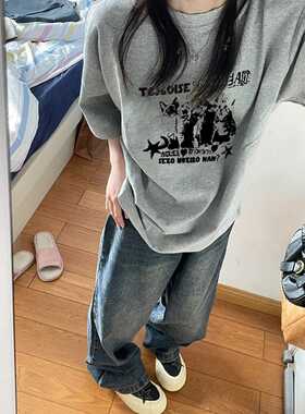 灰色短袖夏季2025新款oversizet恤女爆款美式设计感半袖宽松上衣