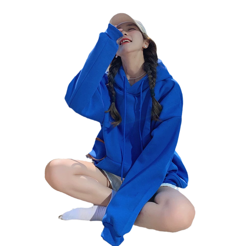 克莱因蓝连帽卫衣女2026新款秋冬宽松大版中长款遮屁股外套潮ins