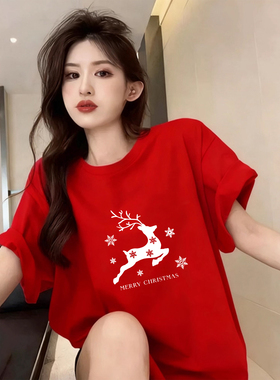 红色圣诞短袖衣服宽松麋鹿T恤上衣2026年新款长袖MerryChristmas
