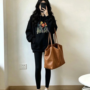 韩版花卉印花连帽卫衣女2026新款黑色宽松慵懒风套头帽衫加绒外套