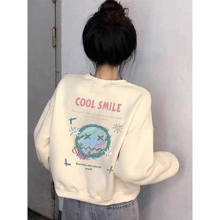 杏色短款卫衣女加绒2025秋冬新款欧货宽松圆领加厚小个子套头上衣