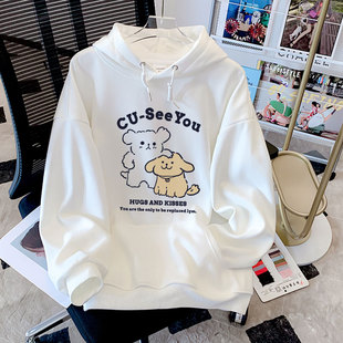 卡通可爱小狗白色连帽卫衣女款秋冬2026新款爆款上衣加绒加厚外套
