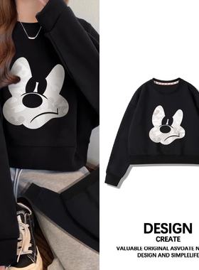 卡通米奇秋冬外套黑色小个子短款卫衣女加厚加绒2025新款秋冬上衣