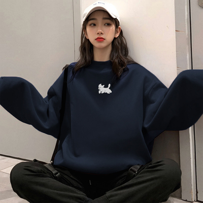 藏蓝色圆领卫衣女2025秋季新款爆款冬季加绒加厚宽松显瘦长袖上衣