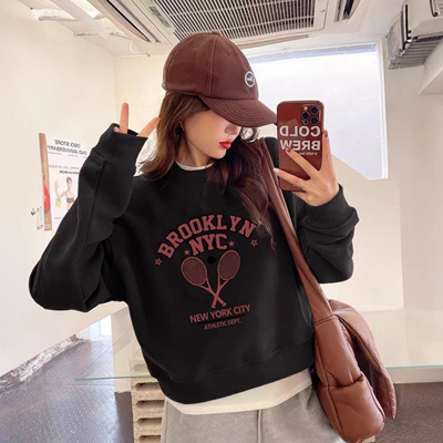 圆领无帽短款重磅卫衣女