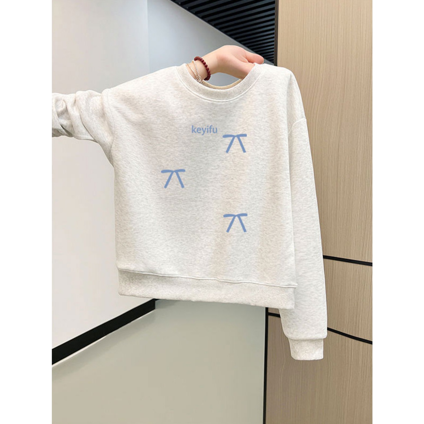 美式复古白灰圆领卫衣女无帽