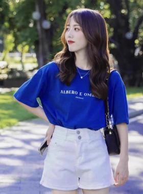 夏季多巴胺克莱因蓝色正肩短袖穿搭t恤女高级感炸街减龄时尚上衣