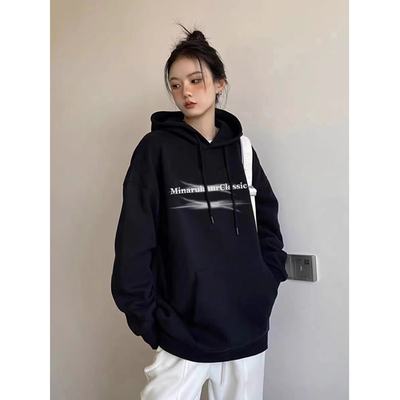 黑色重磅美式复古纯棉连帽卫衣女士秋冬款宽松慵懒风加绒加厚外套