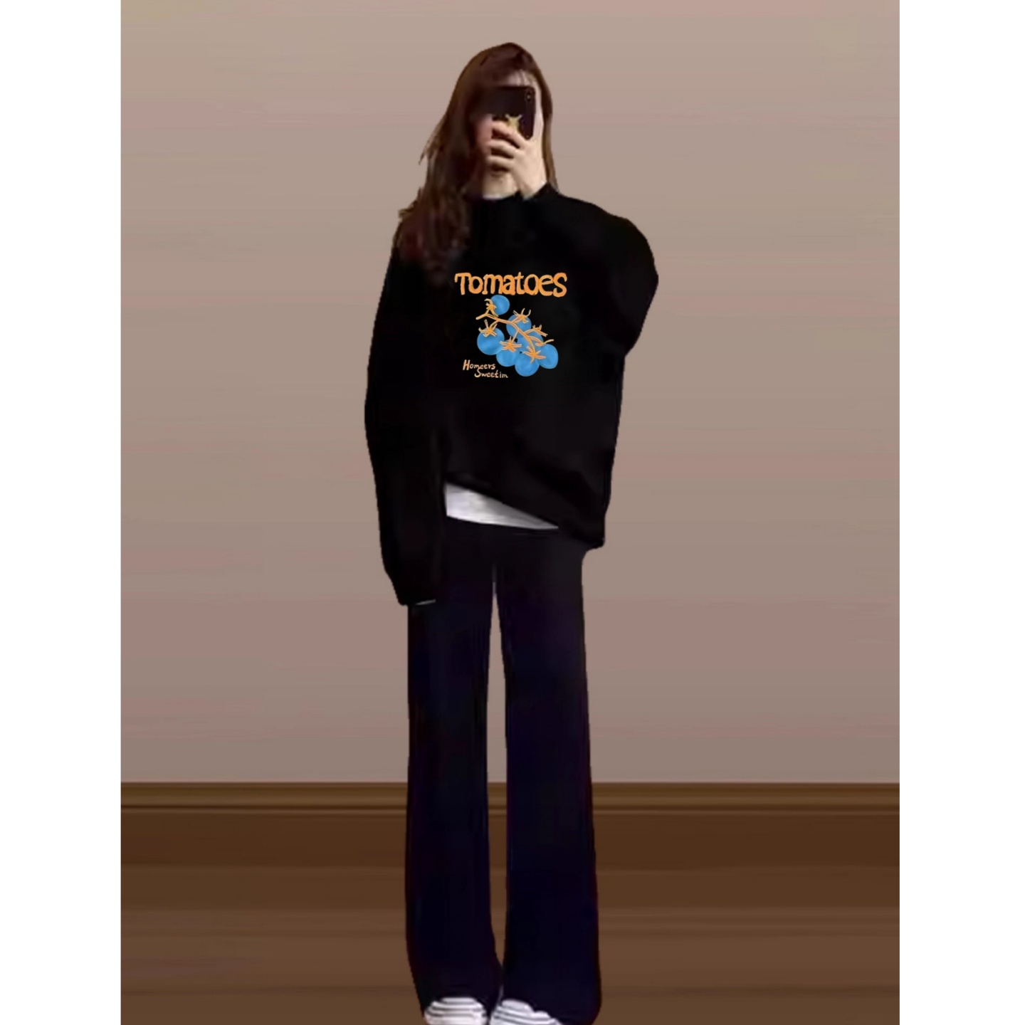 圆领无帽黑色卫衣女秋冬季