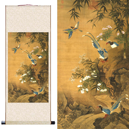 花鸟画微喷仿古装饰画客厅书房办公室卷轴挂画