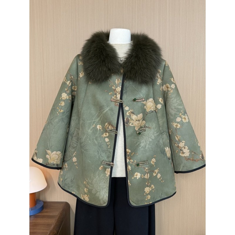 中式风皮草大衣女中老年毛领盘扣花卉印花外套高贵妈妈装,女装/女士精品,中老年女装,淘宝优惠券,粉丝福利购,淘宝优惠卷