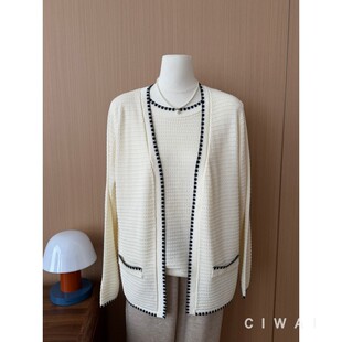 上衣气质女装 薄款 针织两件套黑色描边女春秋中老年洋气时尚 妈妈装